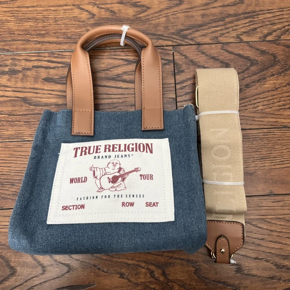 True Religion Tote Small Size Shoulder Bag Adjustable Strap Denim NEW